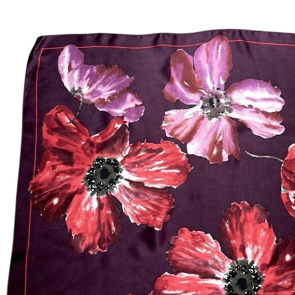 Ellen Tracy Silk Scarf Plum Color Poppy Flowers Print - Picture 7 of 11